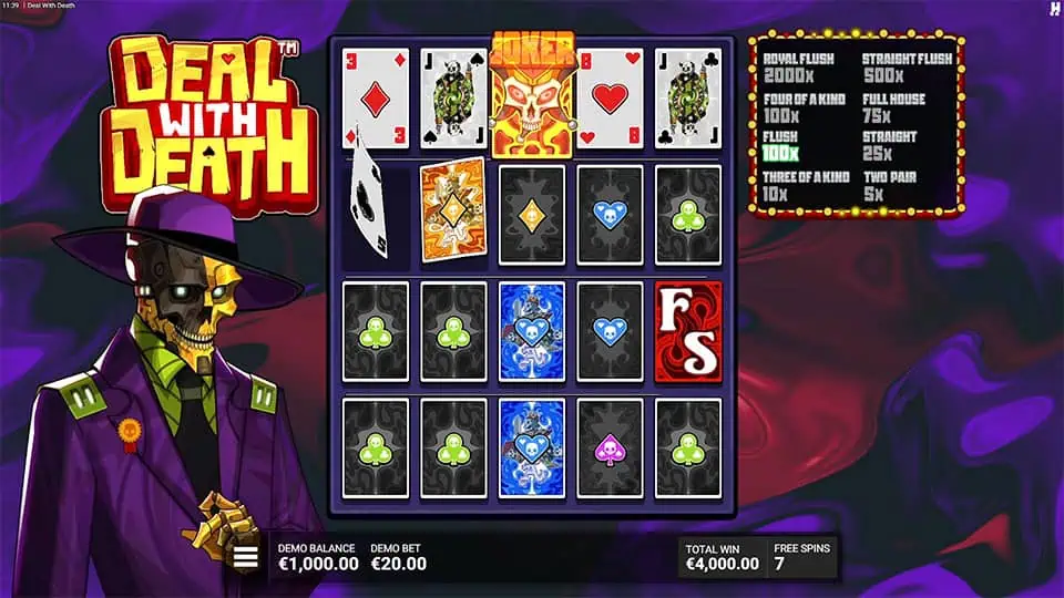 Joker bonus triggered in Deal With Death slot showing fiery Joker card and poker hand with prize ladder for flushes and royal flushes.