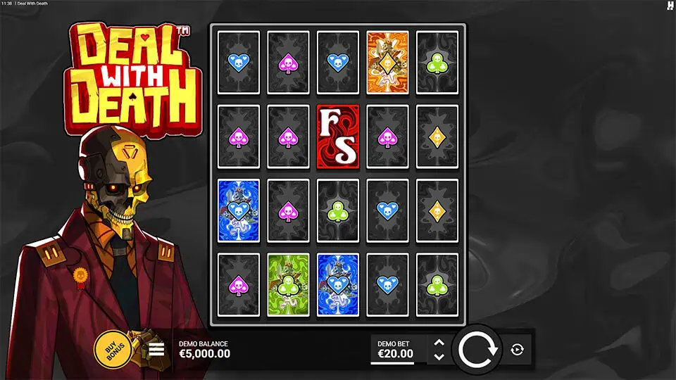 Base game screen of Deal With Death slot showing colorful suit symbols and a robotic dealer in a maroon suit beside the reels.