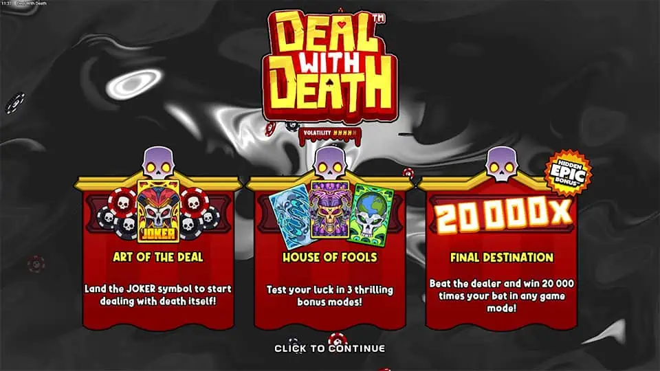 Deal With Death intro featuring Joker bonus, House of Fools modes, and Final Destination max win of up to 20,000x.