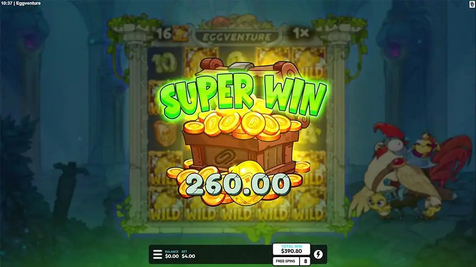 Super Win animation in Eggventure slot with glowing green letters and a bursting treasure chest full of gold coins.