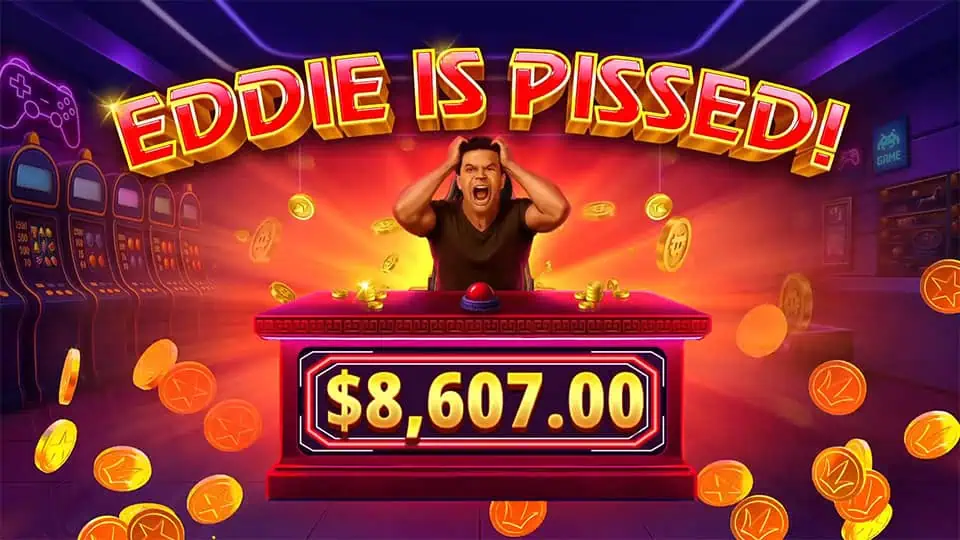 Eddie smashing the button in frustration as coins fly around and red glow highlights a big win banner.