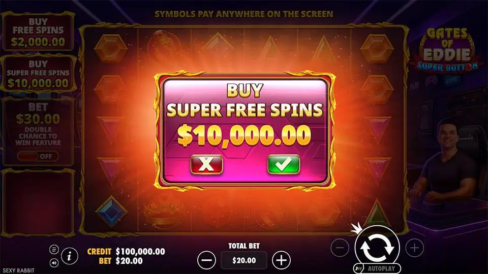 Pop-up confirmation screen to buy Super Free Spins in Gates of Eddie Super Button slot.