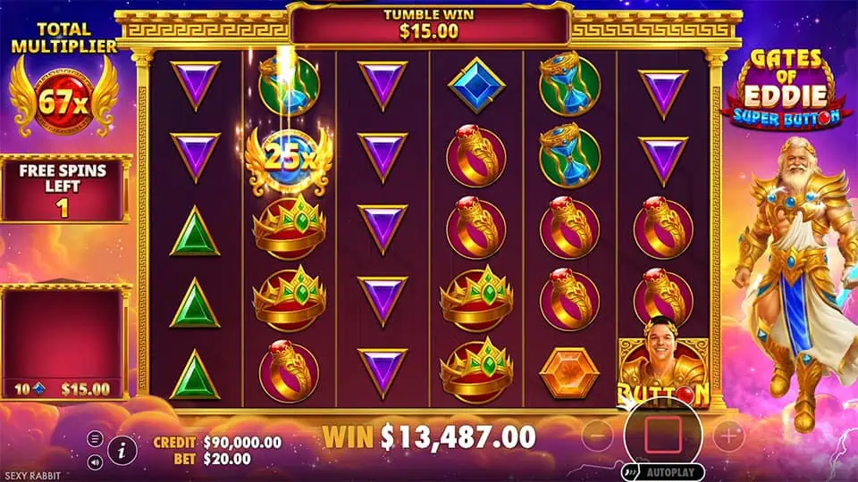 Free spins round in Gates of Eddie Super Button with 25x and 67x multipliers and glowing winged token.