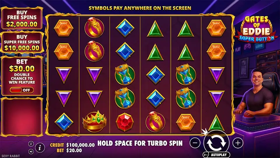 Main game screen with gem symbols, Eddie character on the side, and bonus buy buttons on the left panel.