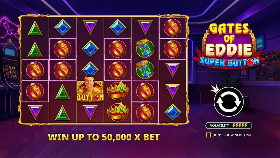 Gates of Eddie Super Button intro showing Button symbols, scatter clusters, and up to 50,000x max win.