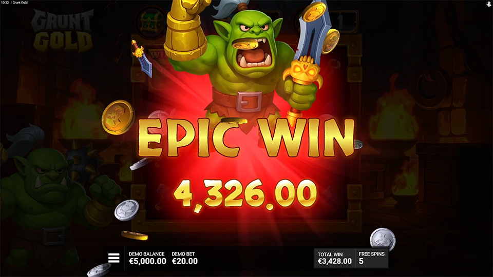 Epic Win screen in Grunt Gold slot featuring an enraged orc swinging a mace, with coins and glowing win text flying out.