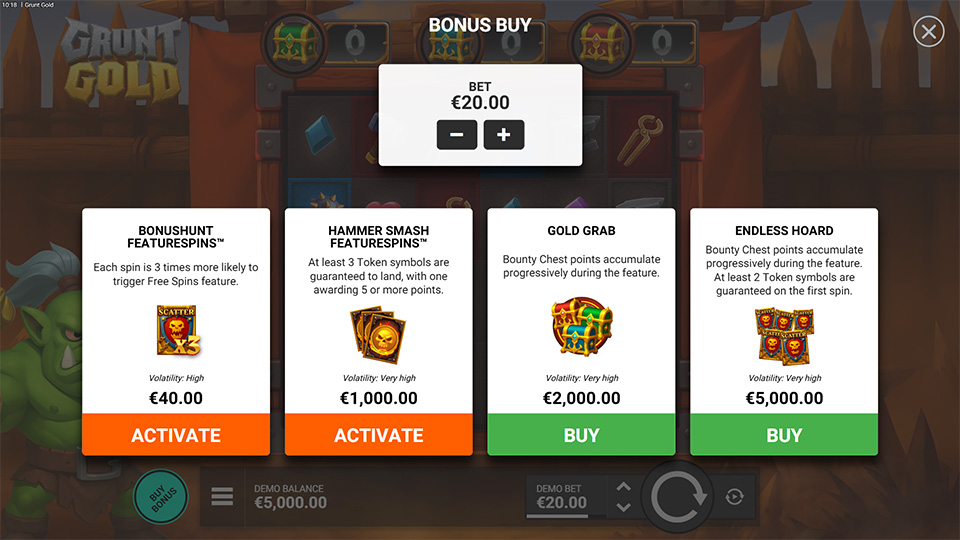 Bonus buy menu in Grunt Gold slot offering Bonushunt, Hammer Smash, Gold Grab, and Endless Hoard features with various volatility levels.