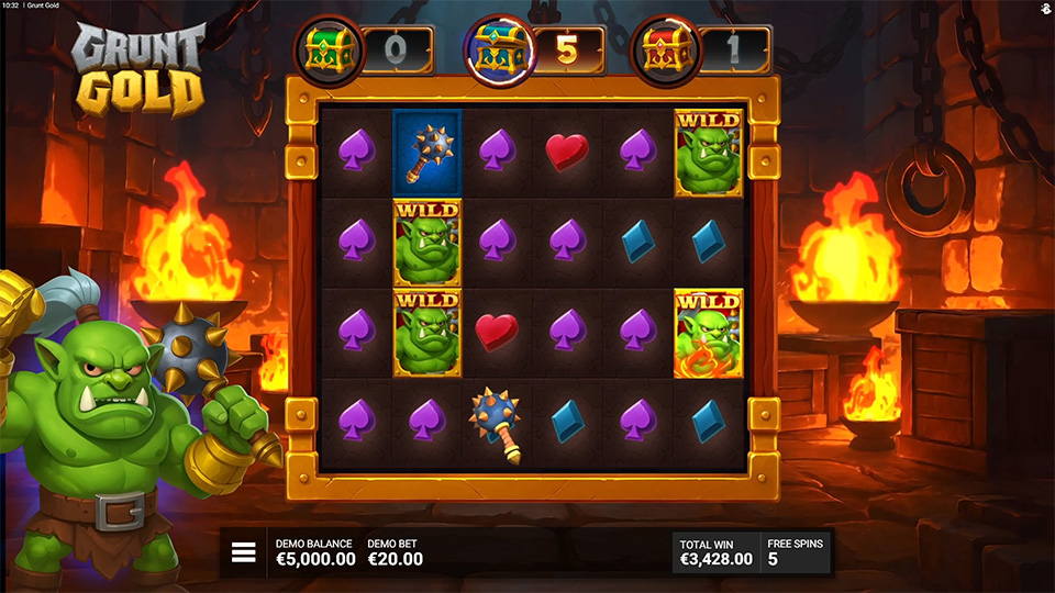 Bonus round in Grunt Gold slot with wild orc symbols landing after collecting a blue Bounty Chest, shown with fire-lit forge background.