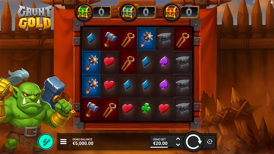 Main game screen of Grunt Gold slot with orc symbols, medieval weapons, and a 5x5 reel grid inside a wooden fortress.