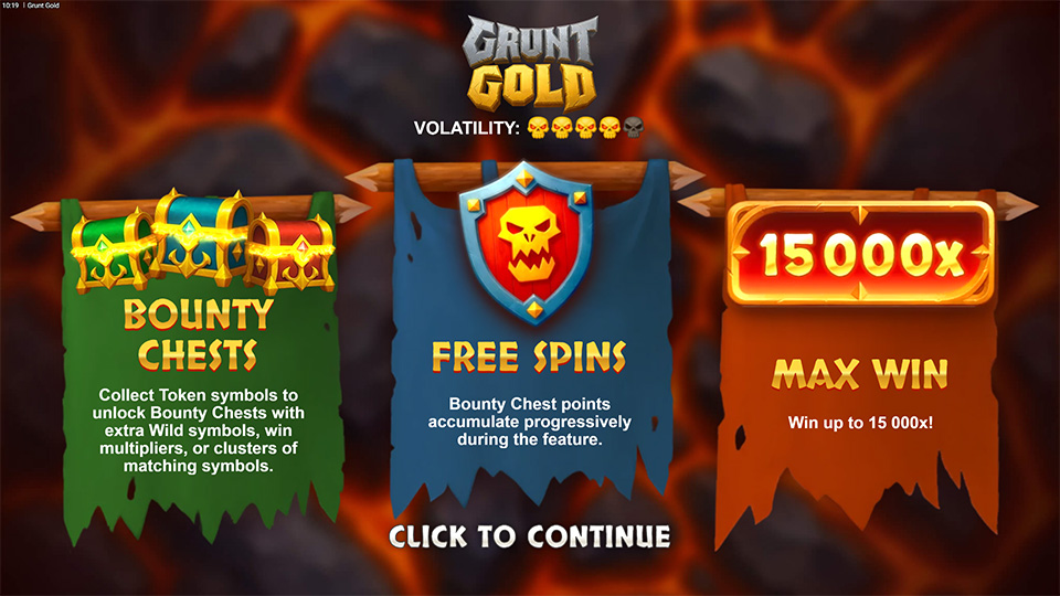 Grunt Gold intro screen showcasing Bounty Chests, Free Spins buildup mechanic, and a max win potential of 15,000x.