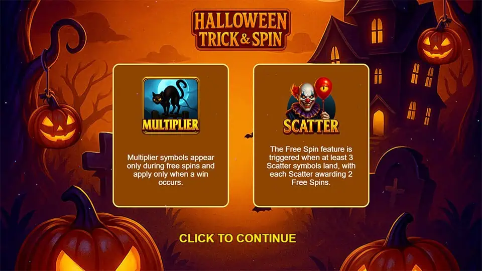 Halloween Trick and Spin slot intro screen 1