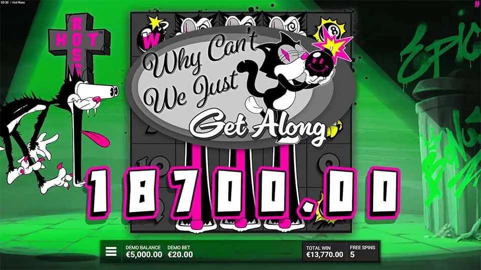 Win screen with cartoon cats in conflict, a big explosion bubble saying "Why Can't We Just Get Along," and a bold win amount.