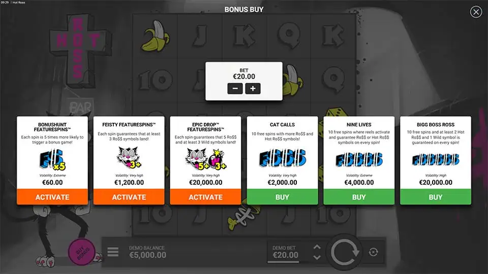 Bonus buy menu in Hot Ross slot featuring multiple options like FeatureSpins, Cat Calls, and Bigg Boss Ross, each with distinct mechanics and volatility.