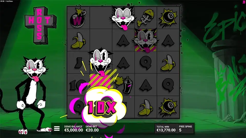 Free spins scene from Hot Ross slot with Ross cat symbol triggering a 10x multiplier in vibrant comic-book-style visuals.
