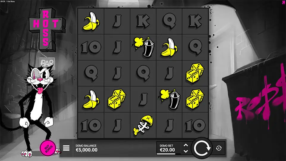 Base game screen of Hot Ross slot with graffiti-styled banana, spray can, dice, and cat symbols on a dark reel layout.