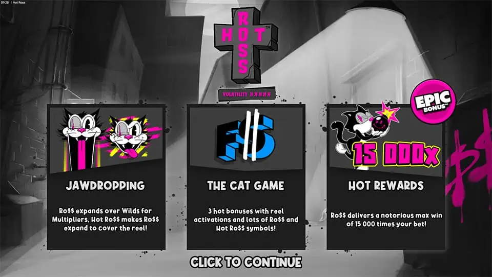 Hot Ross slot intro showing cartoon cats, max win of 15,000x, and feature highlights like expanding Wilds and bonus games.