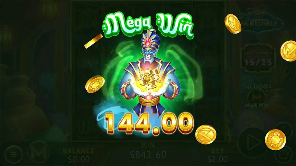 Mega Win animation featuring glowing genie holding coins with golden tokens flying across the screen.
