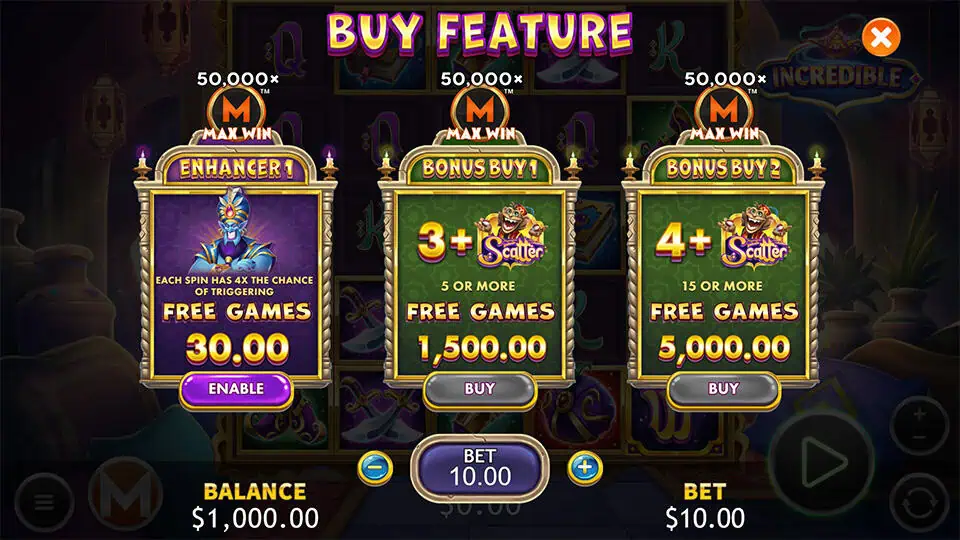Buy Feature screen in Incredible slot showing options like Enhancer and Bonus Buys with increased free spins trigger chances.
