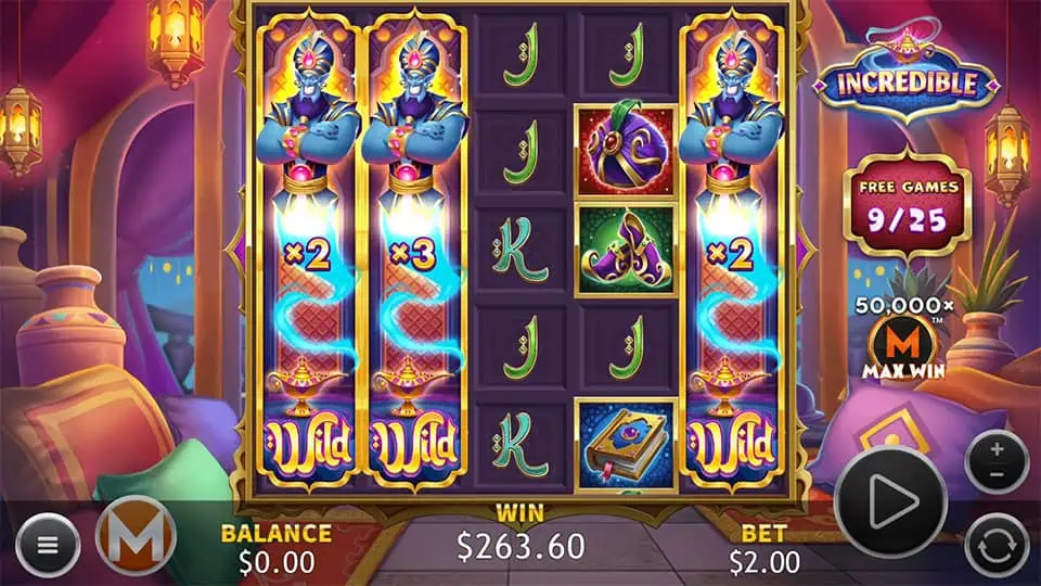 Genie wild modifier turning into a full reel wild with x25 multiplier in the Incredible slot tutorial.