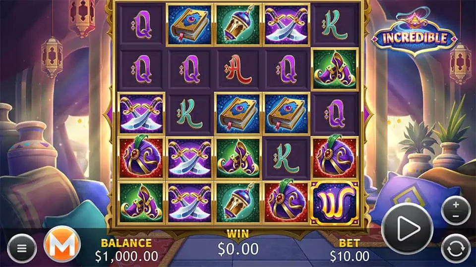 Base game screen of Incredible slot with ornate reels filled with scimitars, books, and vibrant Arabian-themed symbols.