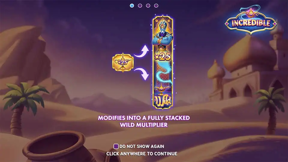 Incredible slot intro screen explaining fully stacked genie wilds and multipliers up to x25.