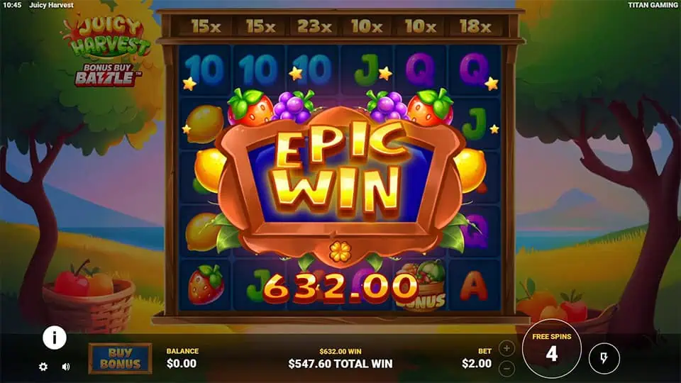 Epic Win message on Juicy Harvest slot with vibrant fruit symbols and glowing reel multipliers in the background.