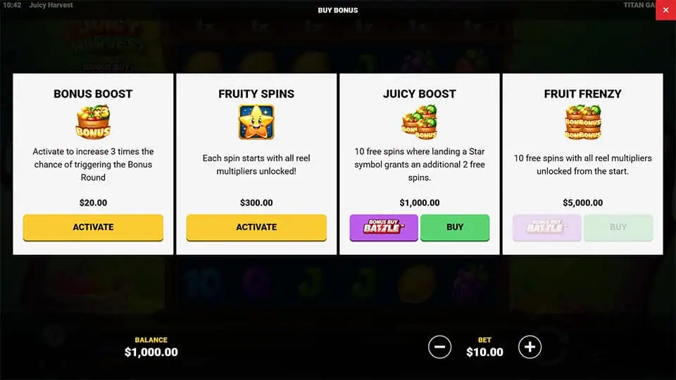 Juicy Harvest bonus buy menu with four selectable modes, including Bonus Boost, Fruity Spins, and Juicy Boost.