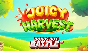 Juicy Harvest slot logo with Bonus Buy Battle branding over a colorful orchard background.