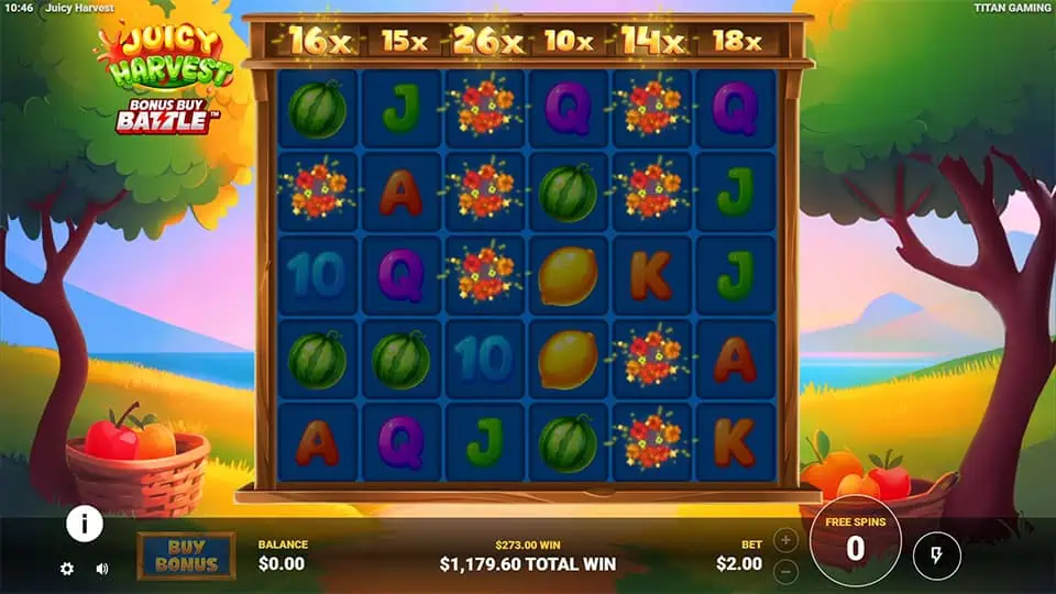 Juicy Harvest slot reels with active multipliers up to 26x above, highlighting fruits and bright symbol bursts.