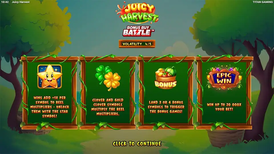 Juicy Harvest intro showing features like multiplier stars, clovers, bonus symbols, and up to 20,000x max win.