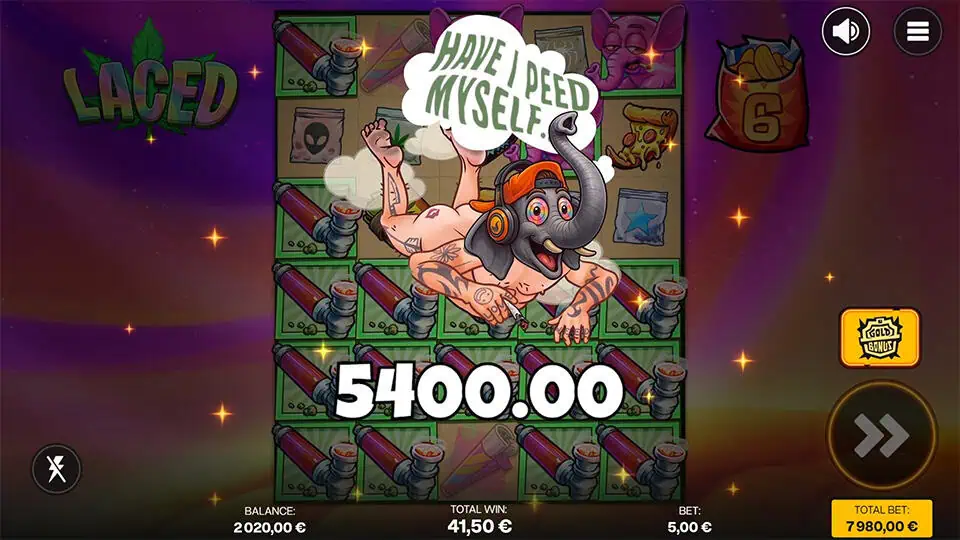Laced slot showing “Have I Peed Myself” win animation with elephant-headed man and glowing spliffs.