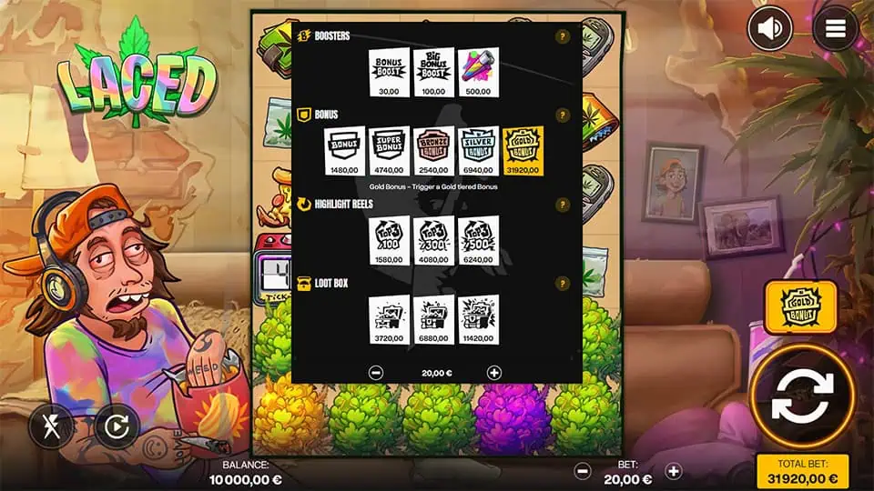 Laced slot store menu with Boosters, Bonuses, Highlight Reels and Loot Boxes.