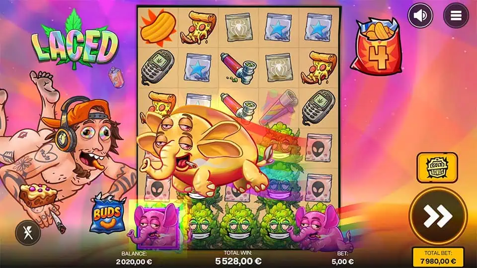 Laced slot bonus with giant golden elephant and sleepy purple mouse on trippy background.