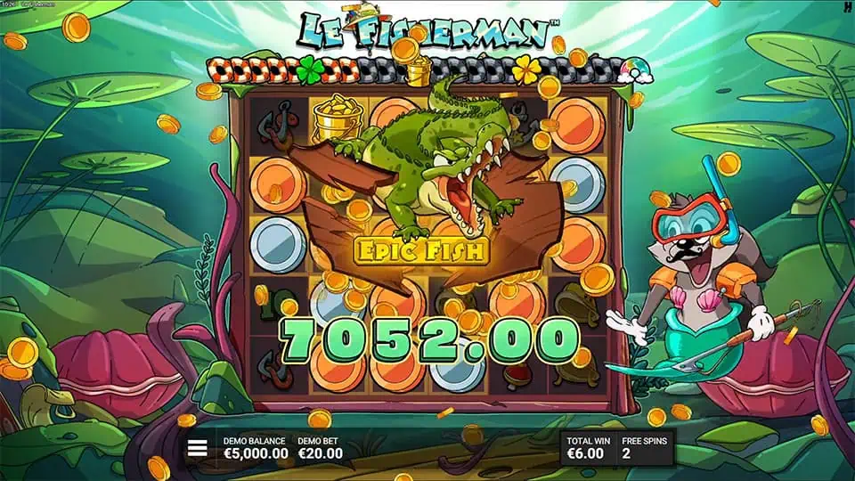 Epic Fish win screen in Le Fisherman slot showing a large crocodile leap, coins bursting, and the raccoon dressed as a diver celebrating.