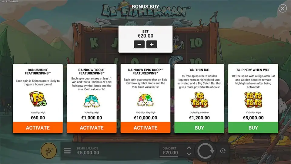 Bonus buy menu in Le Fisherman slot with five modes including Bonushunt Featurespins™, Rainbow Trout Featurespins™, and On Thin Ice.