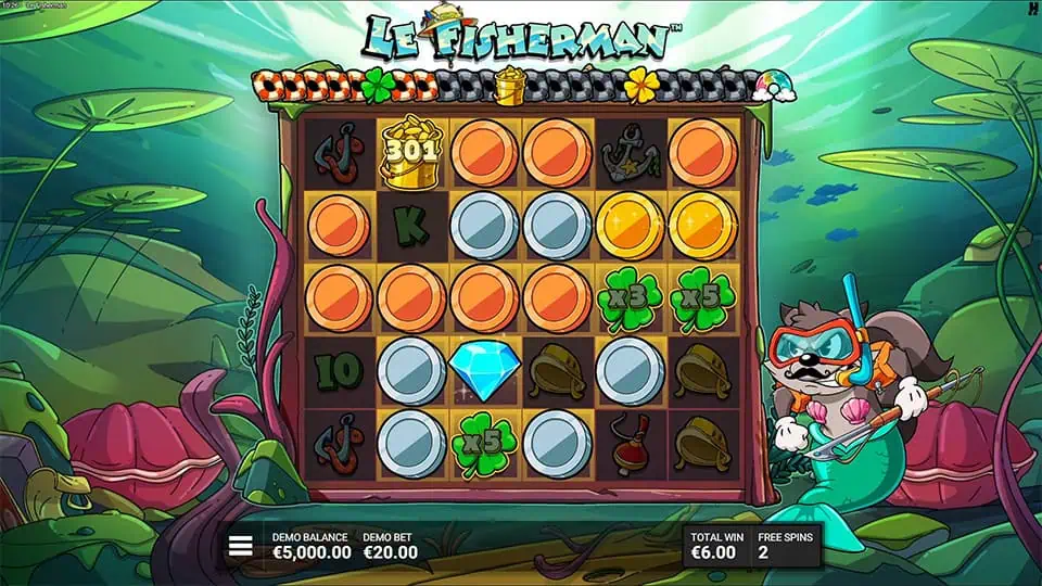 Golden Squares feature in Le Fisherman slot showing clover multipliers, bucket symbols, and highlighted squares during a bonus round.