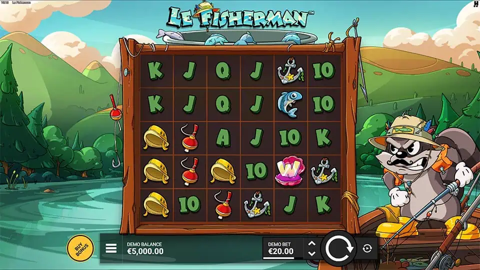 Base gameplay of Le Fisherman slot with cartoon-style fishing symbols on a 6x5 grid and an angry raccoon character on the right.