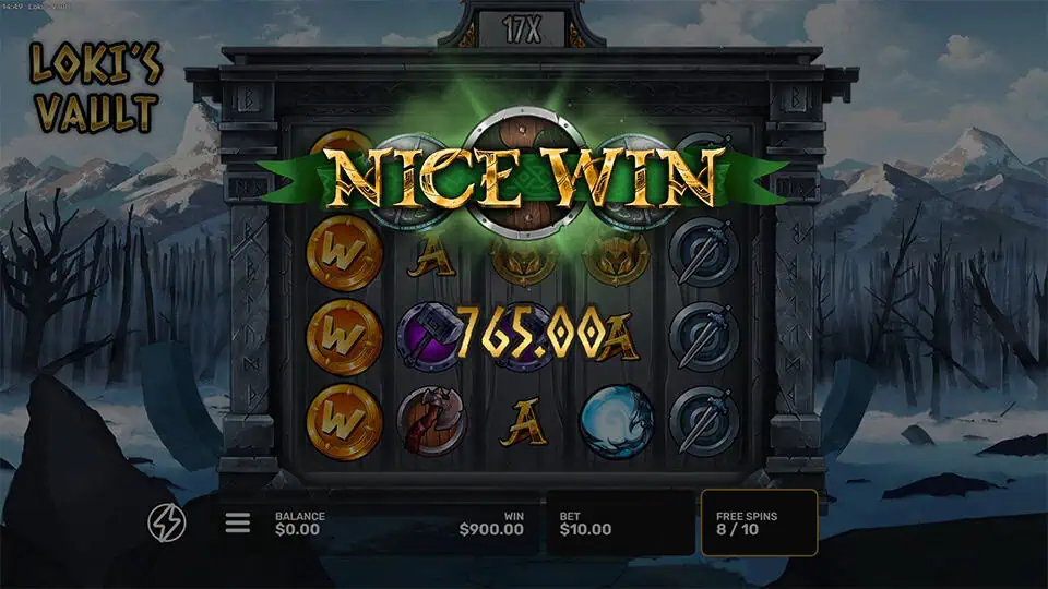 Nice Win banner in Loki's Vault with green glow and shield graphic, shown over reels during bonus spins.