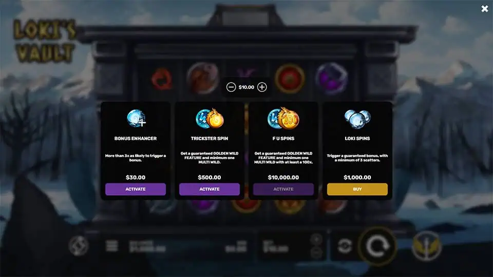 Loki's Vault bonus buy menu featuring options like Trickster Spin, FU Spins, and Bonus Enhancer.