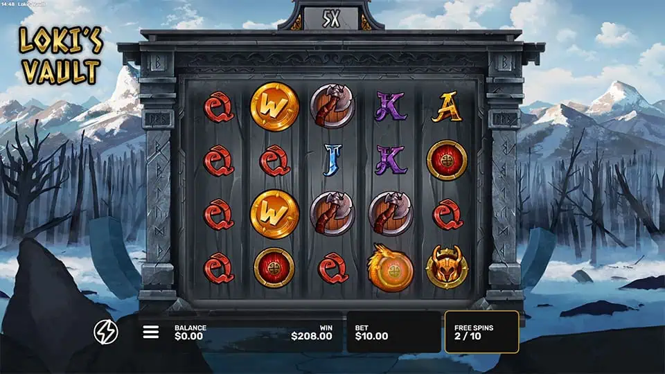 Loki's Vault reels with flaming Golden Wild symbol and standard wilds, with 5x multiplier shown above.