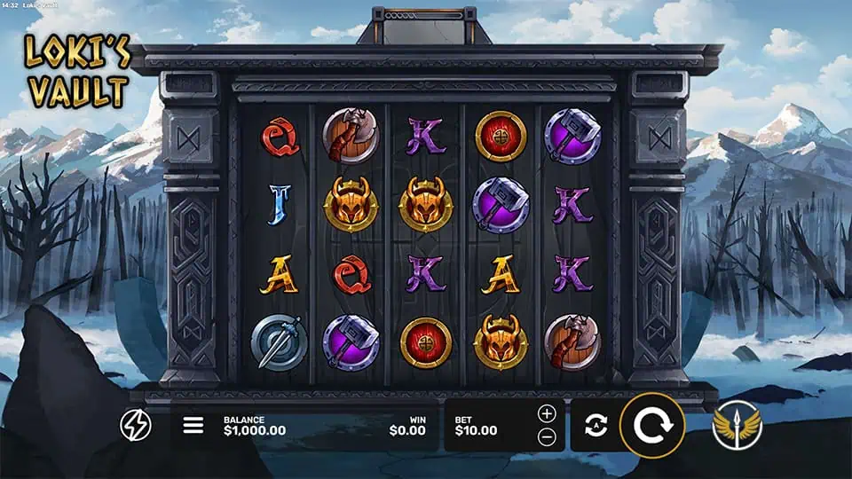 Base game view of Loki's Vault with mythological symbols and runes across five reels in a stone-carved vault.