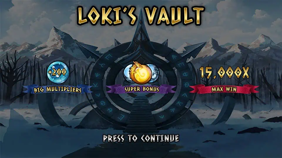 Loki's Vault intro screen showcasing big multipliers, Super Bonus, and max win of up to 15,000x.
