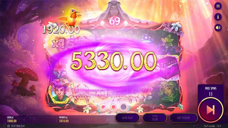 Big Win screen in Pan’s Arcadia slot with a purple burst effect and large golden payout text during the free spins round.