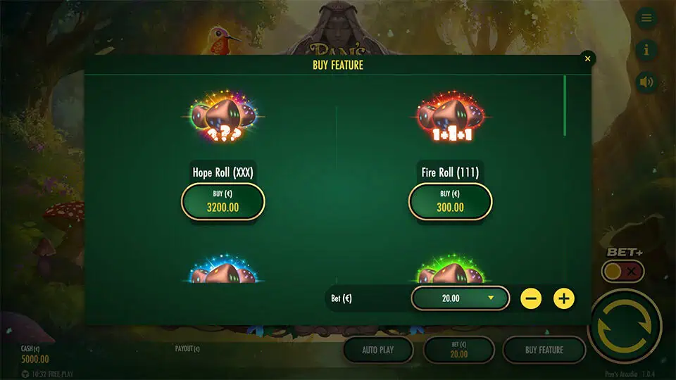 Feature buy menu in Pan’s Arcadia slot offering Fire Roll and Hope Roll options with varying levels of volatility and bet settings.