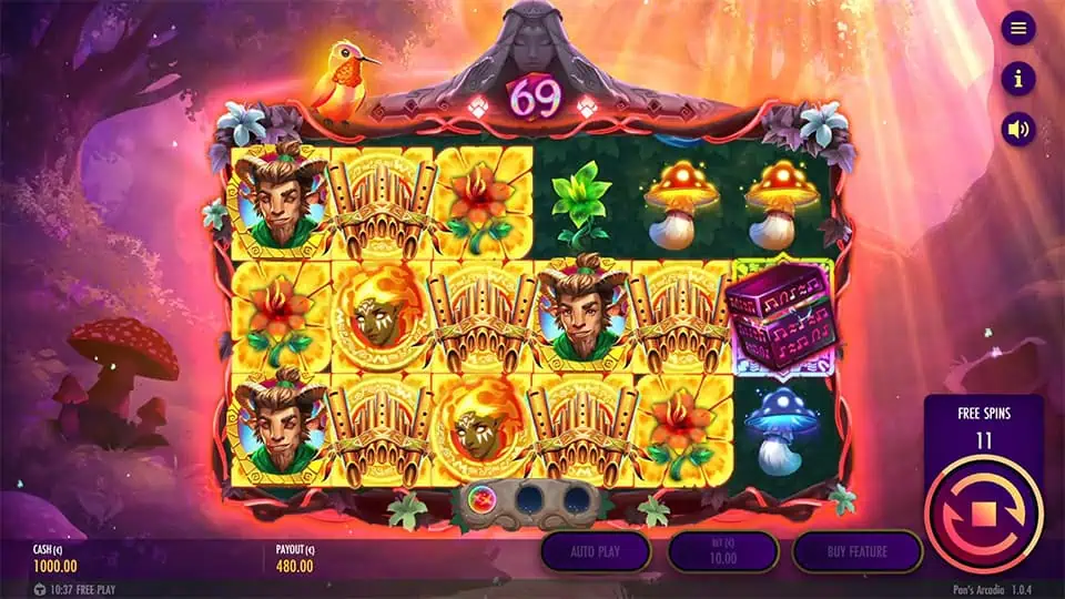 Mystery feature triggered in Pan’s Arcadia with locked grid sections, highlighted wild frames, and a glowing mystery chest symbol.