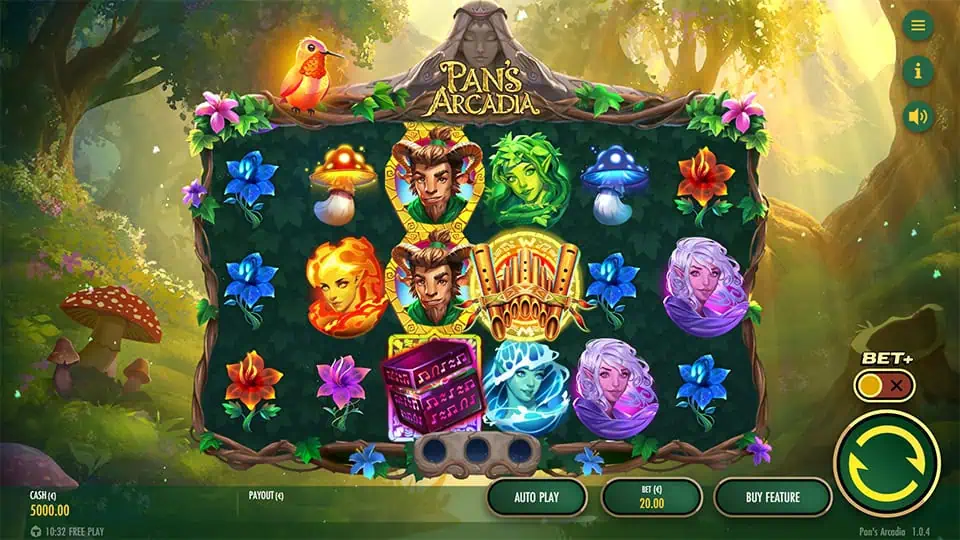Main gameplay screen of Pan’s Arcadia slot with elemental symbols, colorful flowers, and a serene woodland theme.