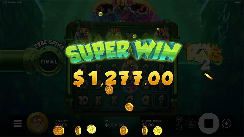 Realm of Rats 2 slot displaying a “SUPER WIN” message in bright green over reels filled with symbols, with coins scattered across the screen.