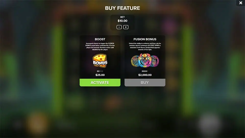 Bonus buy menu in Realm of Rats 2 offering two options: Boost with increased bonus odds, and Fusion Bonus with radioactive rat upgrades.