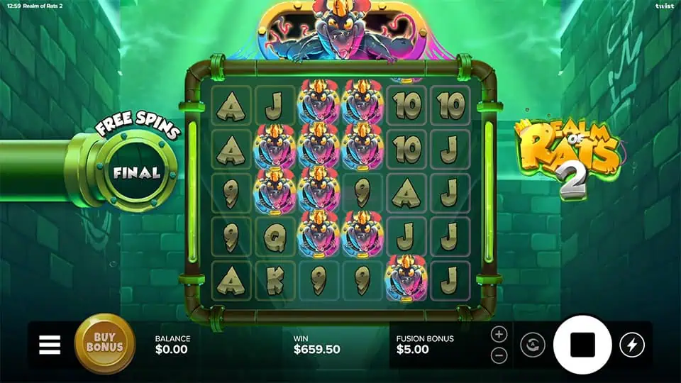 Fusion bonus round in Realm of Rats 2 showing the reels filled with glowing mutant rat symbols during the final free spin.