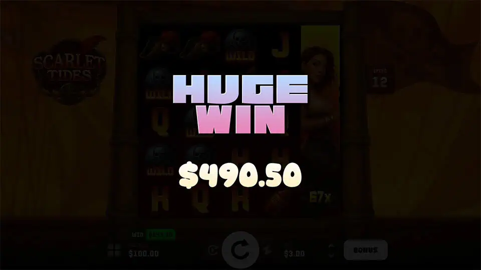 Huge Win message in Scarlet Tides slot with glowing text over reels showing wilds and pirate symbols.